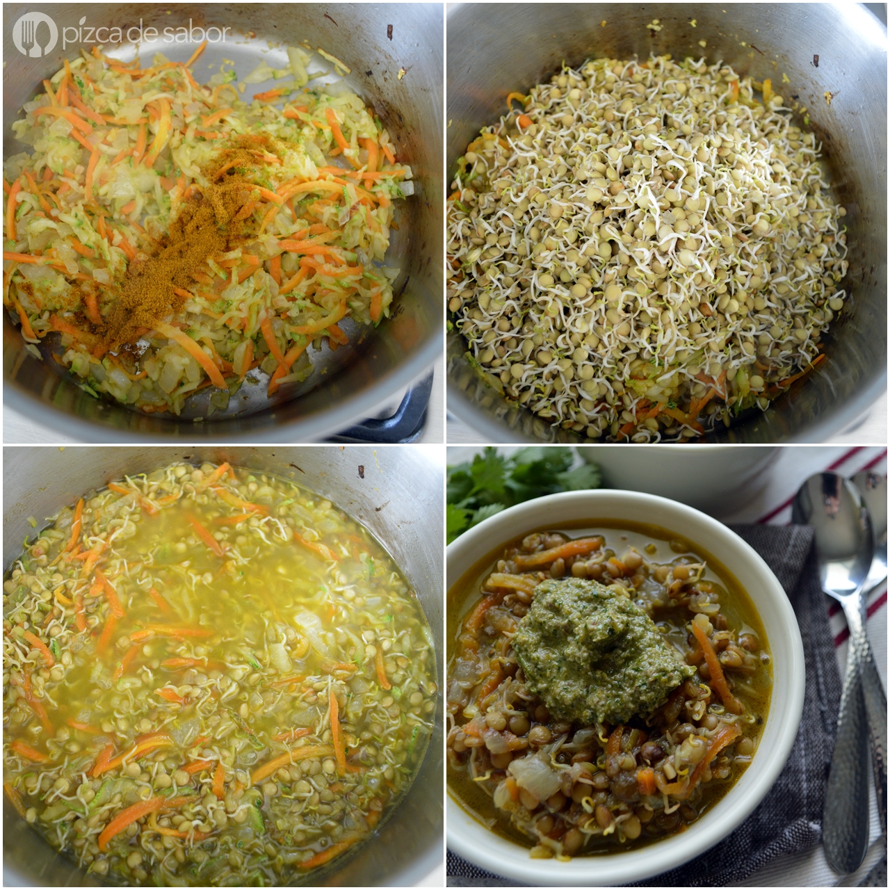Sopa de lentejas germinadas al curry con vegetales - Pizca de Sabor