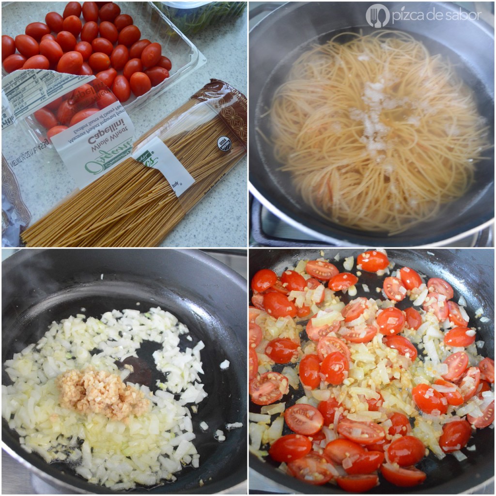Pasta con tomate cherry y arúgula (rúcula) o espinaca  www.pizcadesabor.com 